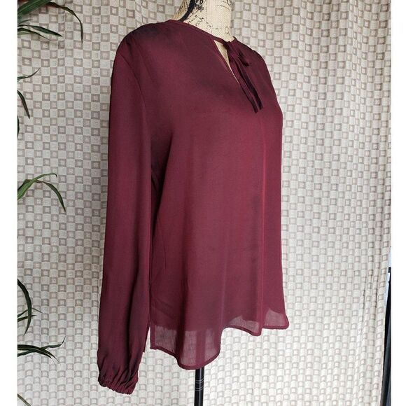 Women's Blouse Wine Red Long Sleeve Sheer Tie-Neck Blouse Large NWOT - Picture 4 of 8